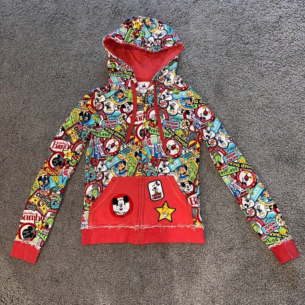 VINTAGE DISNEY PARKS GRAPHIC HOODIE ZIP SWEATSHIRT MICKEY TINK & MINNIE PATCHES